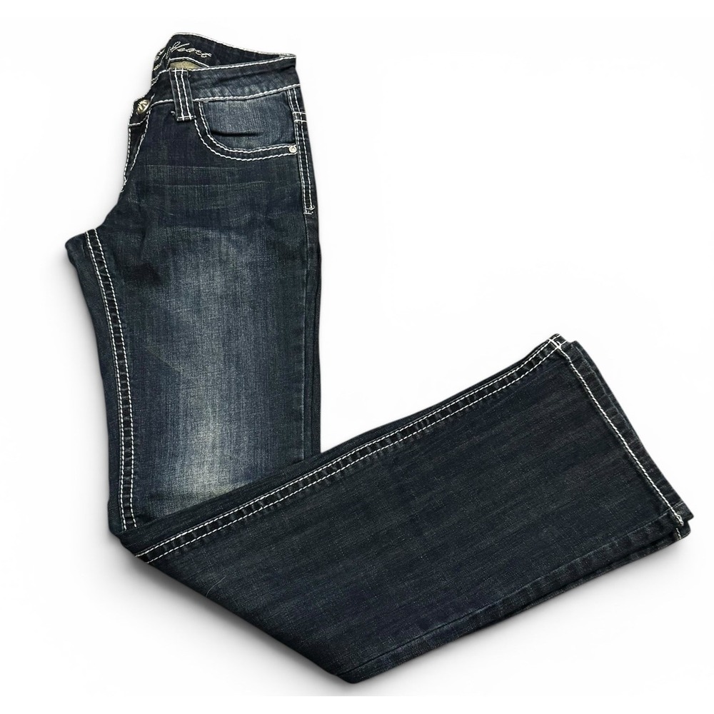 Wired Heart Bootcut Jeans‎ Womens Size 26 Dark Wash Embellished Pockets Y2K